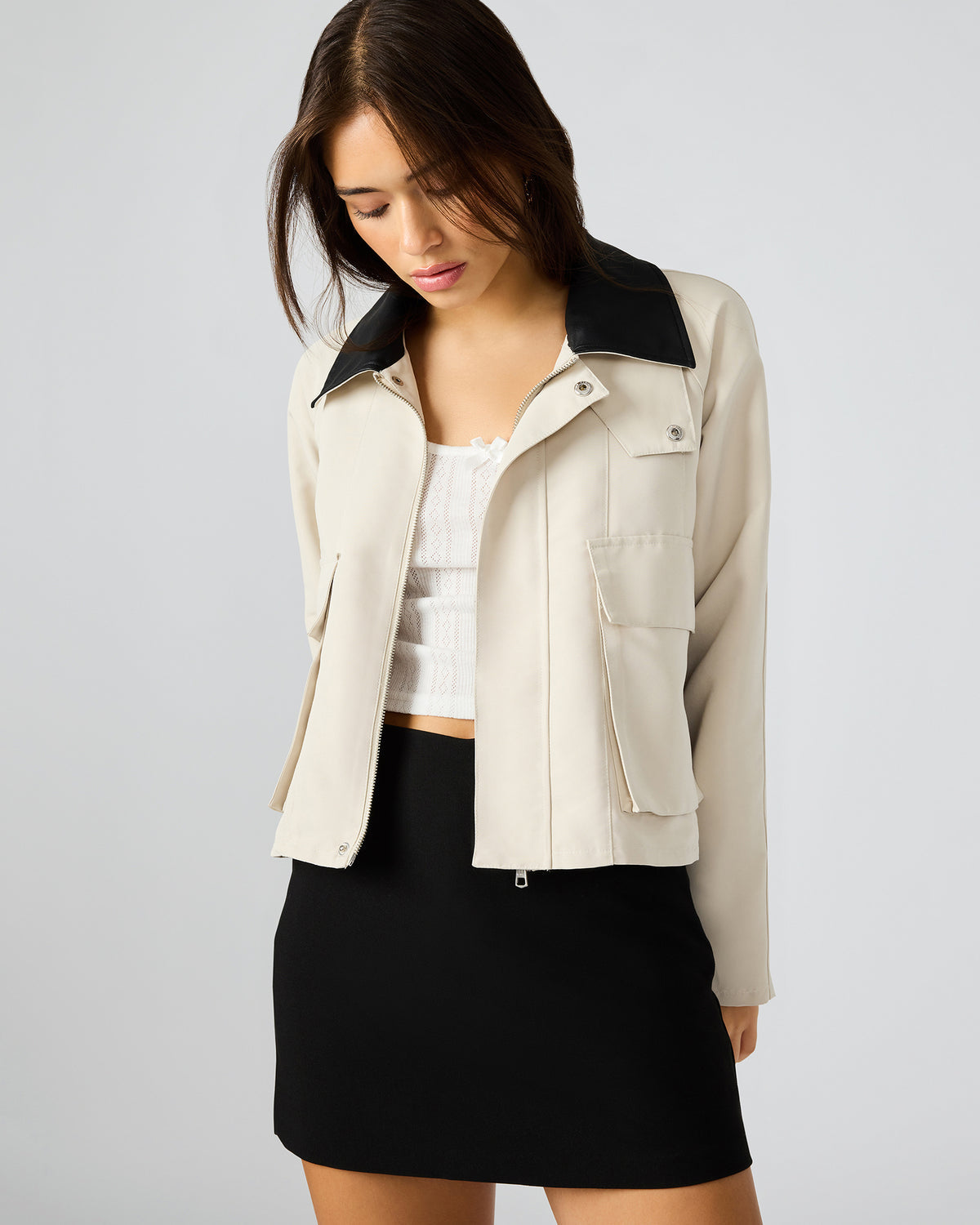 JUSTINA Barn Oatmeal Long-Sleeved Button-Up Women's Jacket | Steve Madden Trending