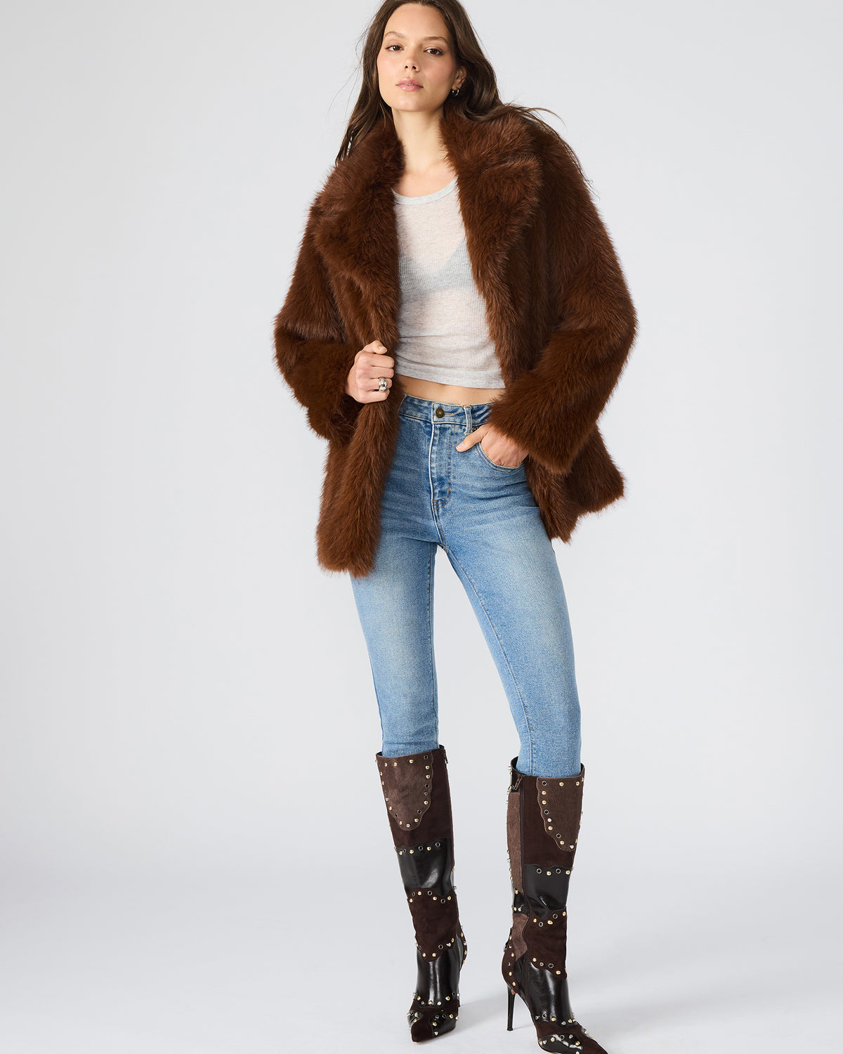 KINDRA Brown Faux Fur Collared Women's Coat | Steve Madden Premium