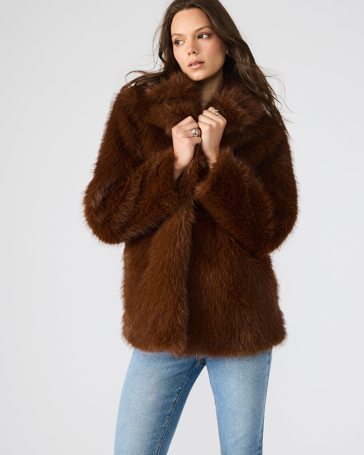 KINDRA Brown Faux Fur Collared Women's Coat | Steve Madden Premium