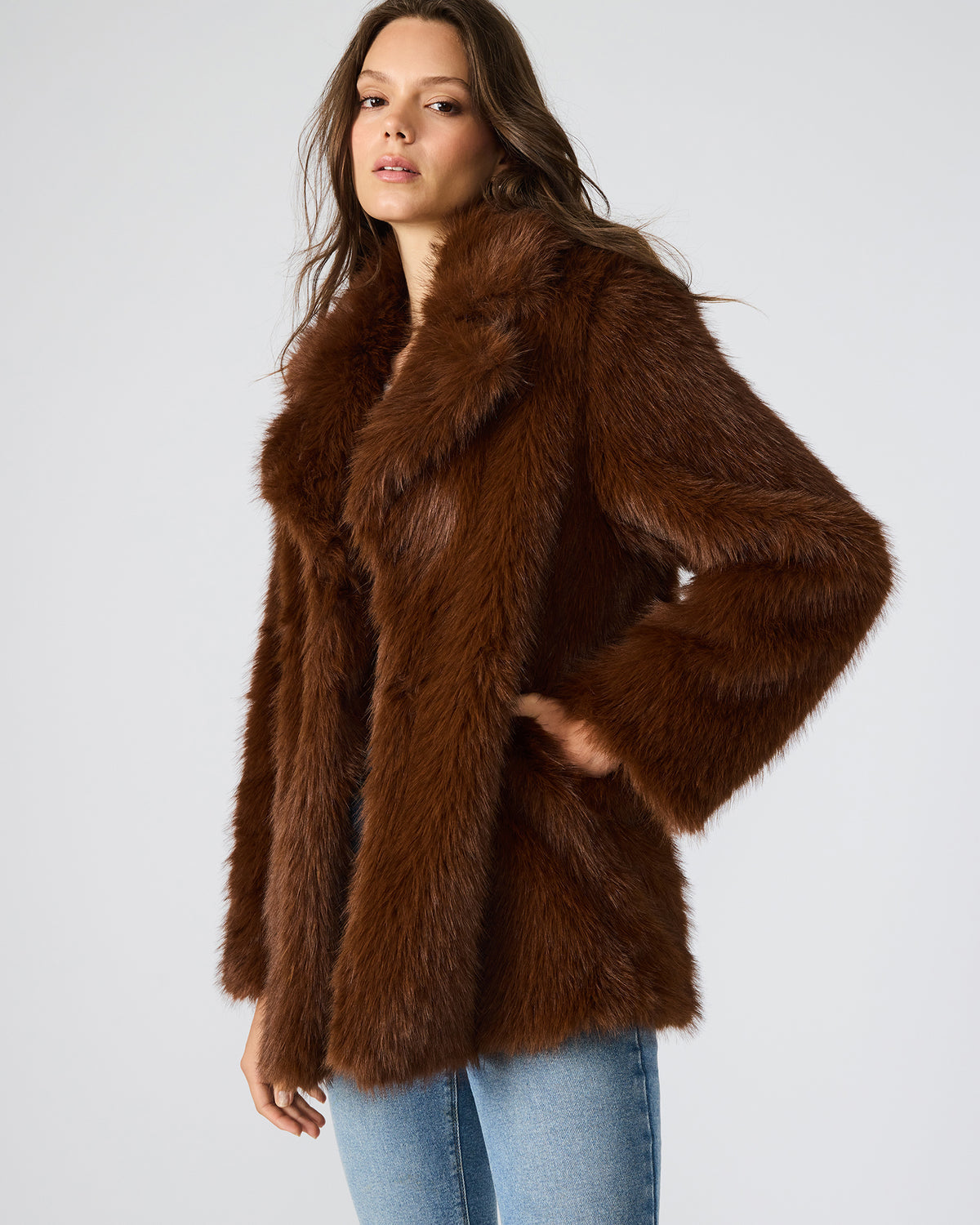 KINDRA Brown Faux Fur Collared Women's Coat | Steve Madden Premium