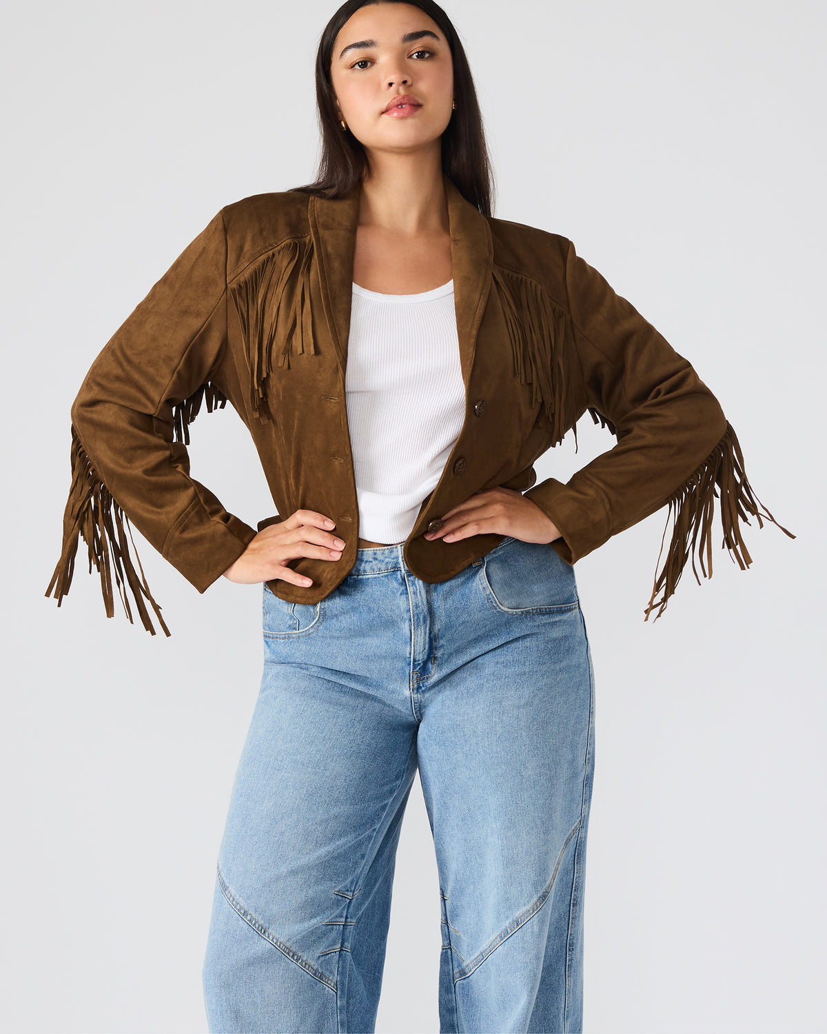 DALLAS Chestnut Long-Sleeved Button-Up Fringe Women's Jacket | Steve Madden Classic