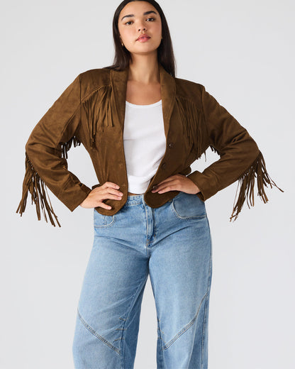 DALLAS Chestnut Long-Sleeved Button-Up Fringe Women's Jacket | Steve Madden Classic