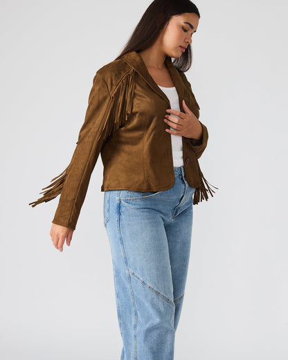 DALLAS Chestnut Long-Sleeved Button-Up Fringe Women's Jacket | Steve Madden Classic