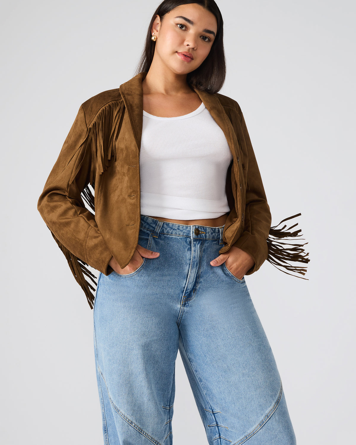 DALLAS Chestnut Long-Sleeved Button-Up Fringe Women's Jacket | Steve Madden Classic