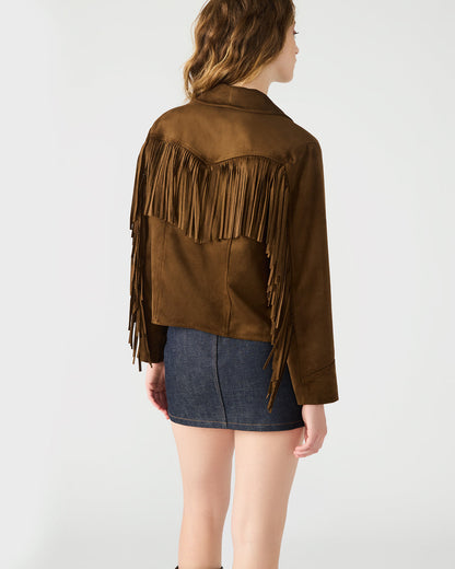 DALLAS Chestnut Long-Sleeved Button-Up Fringe Women's Jacket | Steve Madden Classic