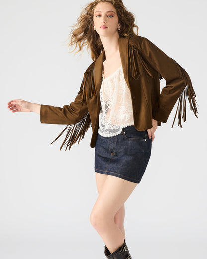 DALLAS Chestnut Long-Sleeved Button-Up Fringe Women's Jacket | Steve Madden Classic