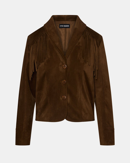 DALLAS Chestnut Long-Sleeved Button-Up Fringe Women's Jacket | Steve Madden Classic