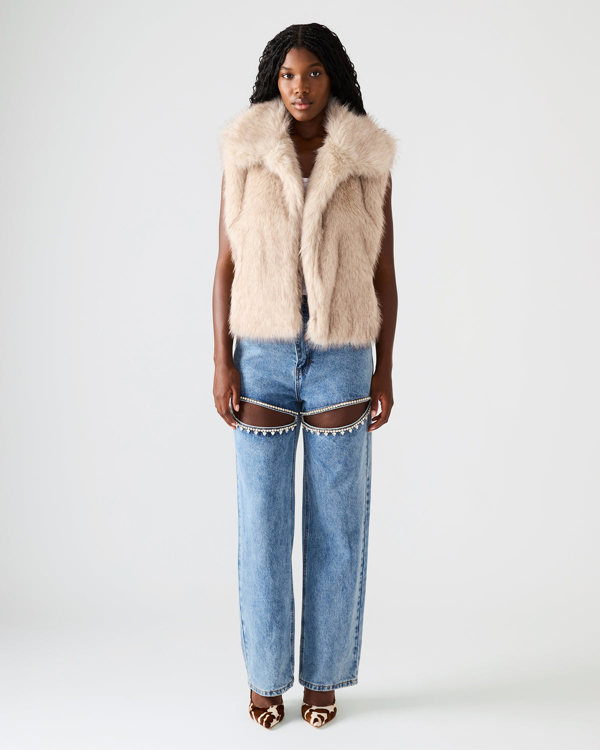 SAFIRA Natural Faux Fur Sleeveless Collared Women's Vest | Steve Madden Smart Buy