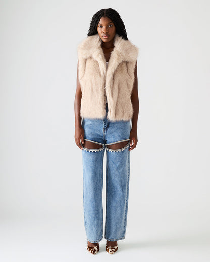 SAFIRA Natural Faux Fur Sleeveless Collared Women's Vest | Steve Madden Smart Buy