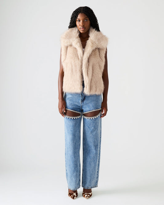 SAFIRA Natural Faux Fur Sleeveless Collared Women's Vest | Steve Madden Smart Buy