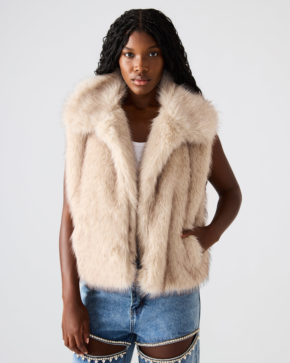 SAFIRA Natural Faux Fur Sleeveless Collared Women's Vest | Steve Madden Smart Buy
