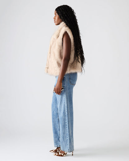 SAFIRA Natural Faux Fur Sleeveless Collared Women's Vest | Steve Madden Smart Buy