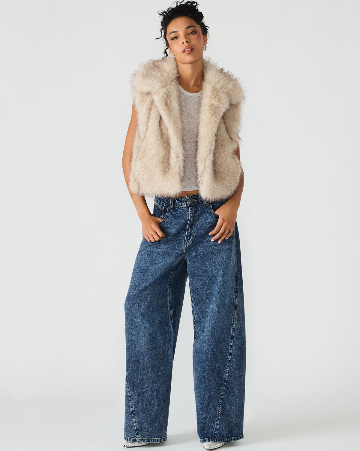 SAFIRA Natural Faux Fur Sleeveless Collared Women's Vest | Steve Madden Smart Buy