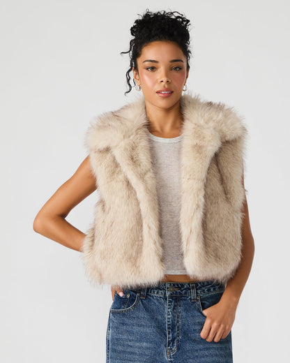 SAFIRA Natural Faux Fur Sleeveless Collared Women's Vest | Steve Madden Smart Buy