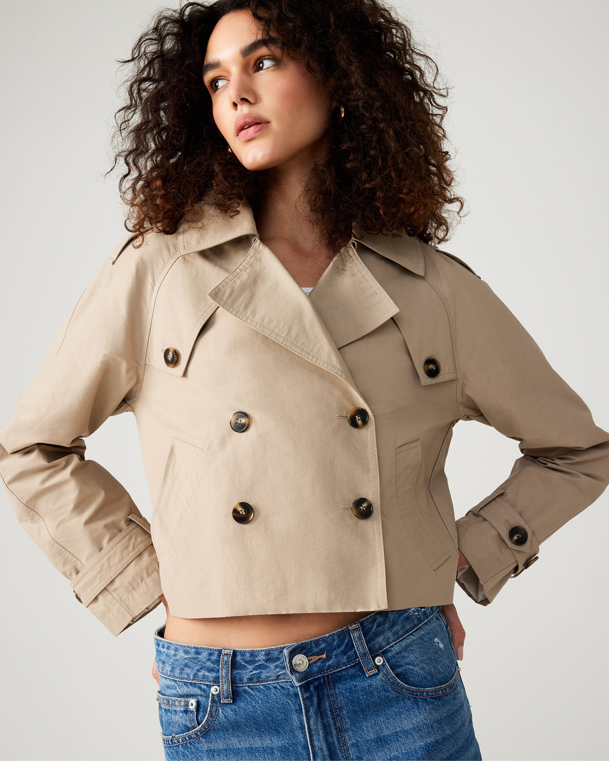SIRUS Khaki Women's Cropped Denim Trench Coat | Steve Madden Premium