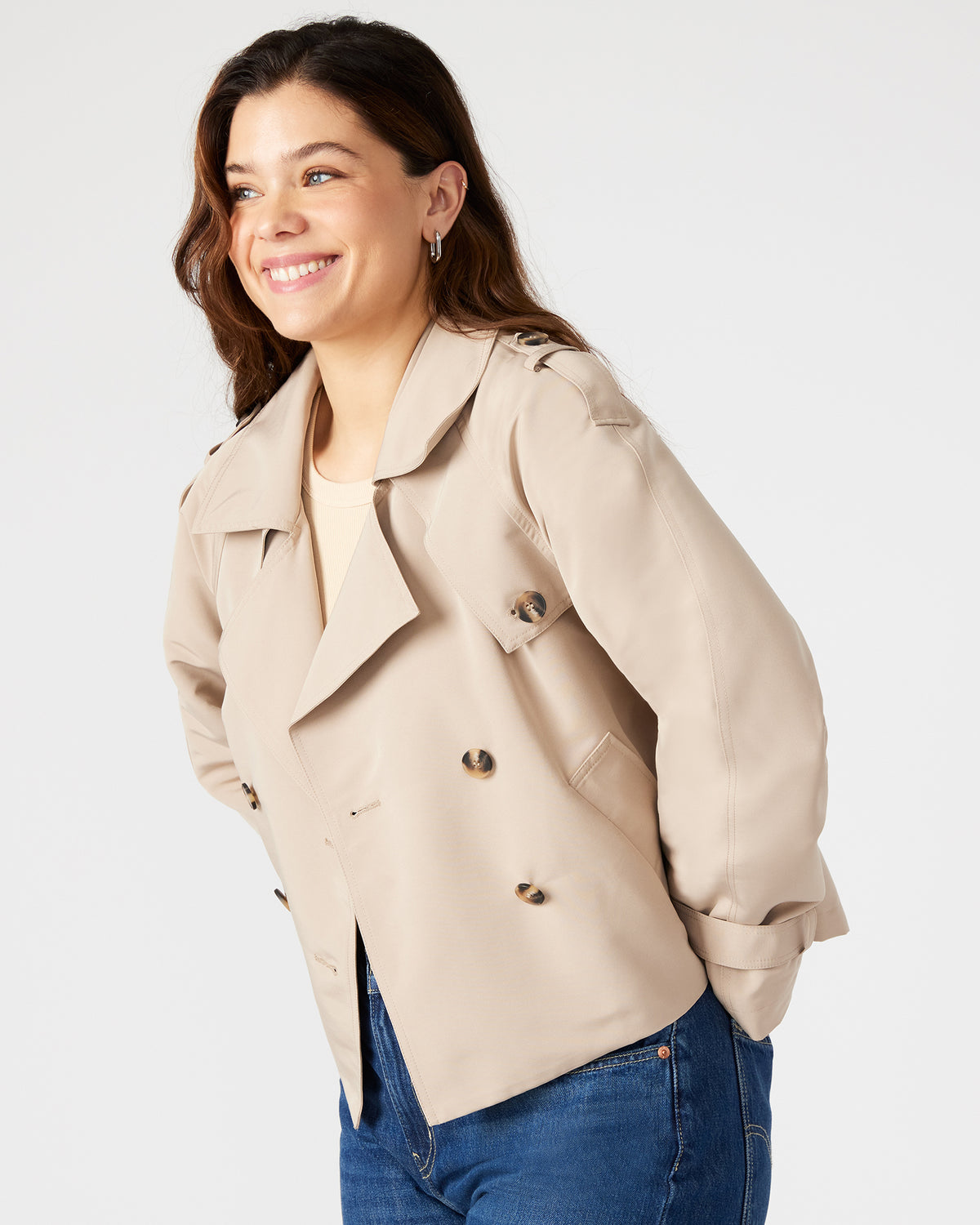 SIRUS Khaki Women's Cropped Denim Trench Coat | Steve Madden Premium
