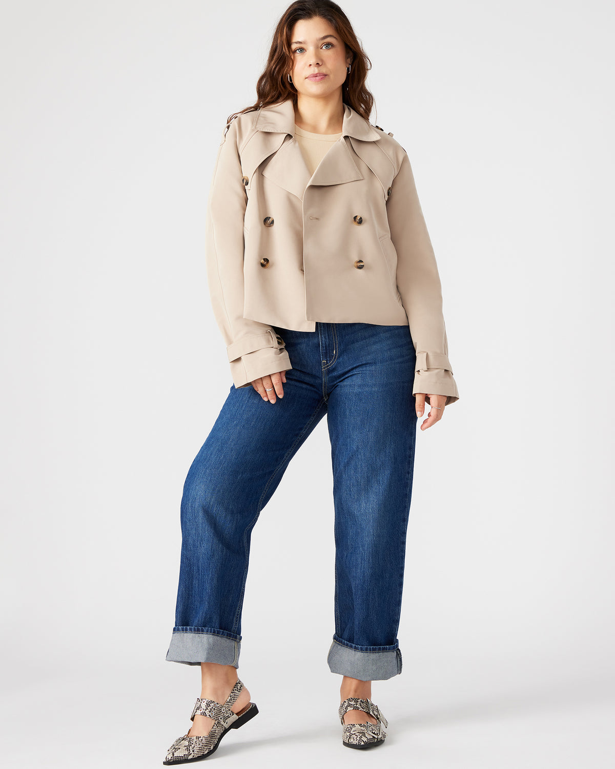 SIRUS Khaki Women's Cropped Denim Trench Coat | Steve Madden Premium