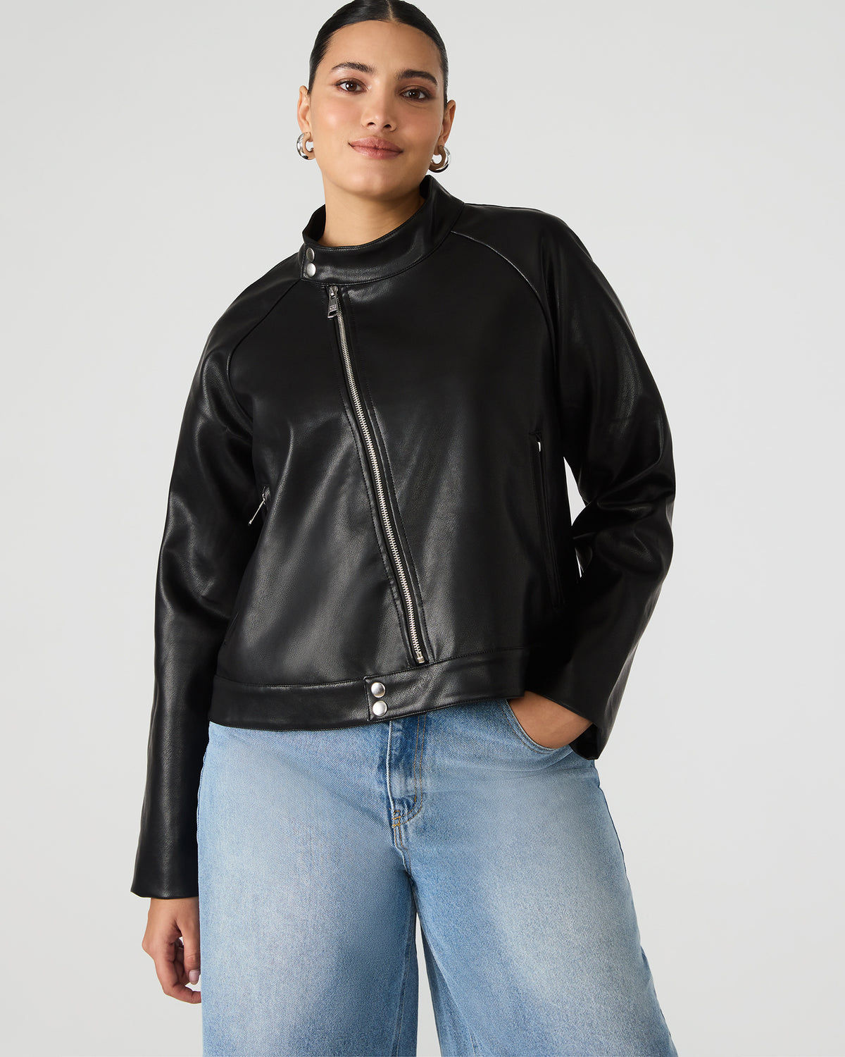 JETT Black Long-Sleeved Faux Leather Zip-Up Women's Jacket | Steve Madden Value