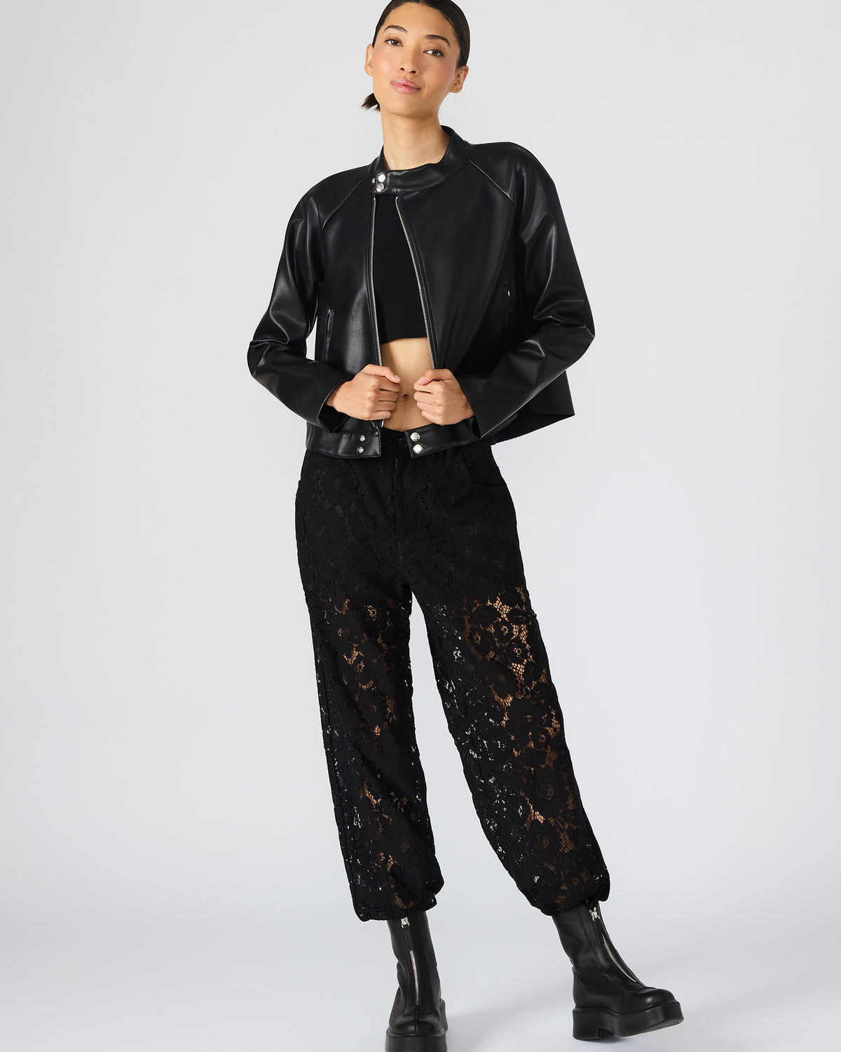JETT Black Long-Sleeved Faux Leather Zip-Up Women's Jacket | Steve Madden Value