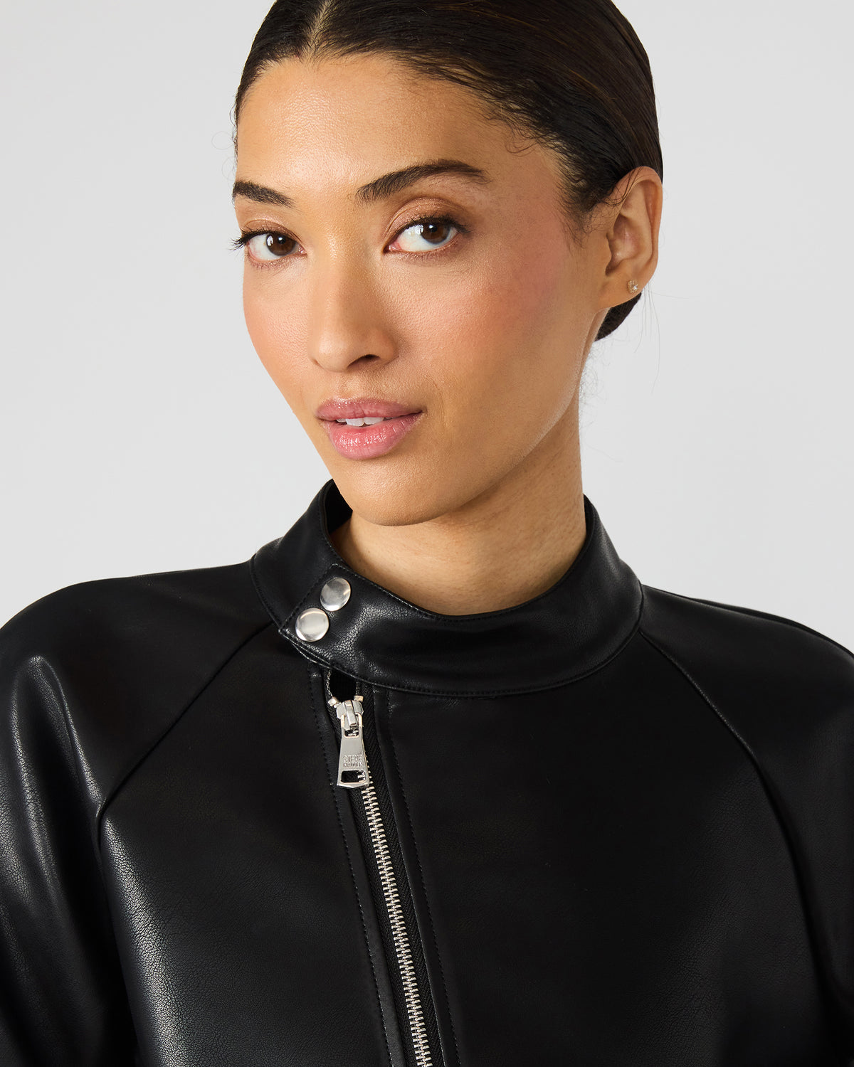 JETT Black Long-Sleeved Faux Leather Zip-Up Women's Jacket | Steve Madden Value