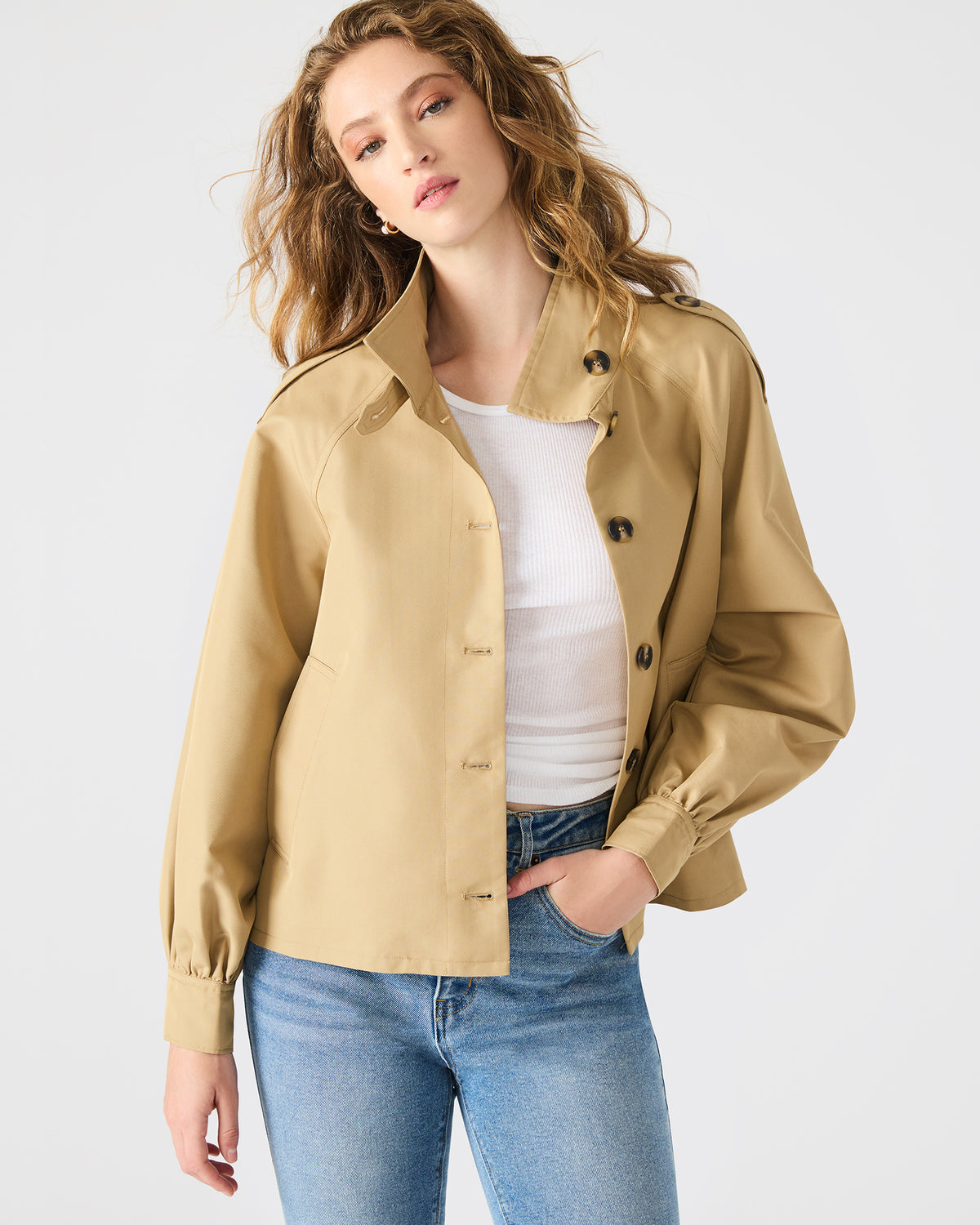 KAYLEE Medium Khaki Long-Sleeved Button-Up Women's Jacket | Steve Madden Recommended