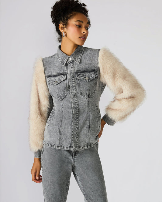 PARKER Fog Faux Fur Long-Sleeved Button-Up Denim Women's Jacket | Steve Madden Customer Favorite