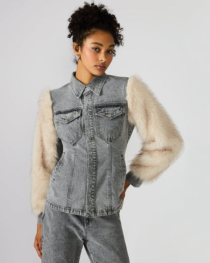 PARKER Fog Faux Fur Long-Sleeved Button-Up Denim Women's Jacket | Steve Madden Customer Favorite