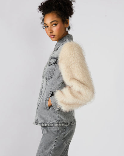PARKER Fog Faux Fur Long-Sleeved Button-Up Denim Women's Jacket | Steve Madden Customer Favorite