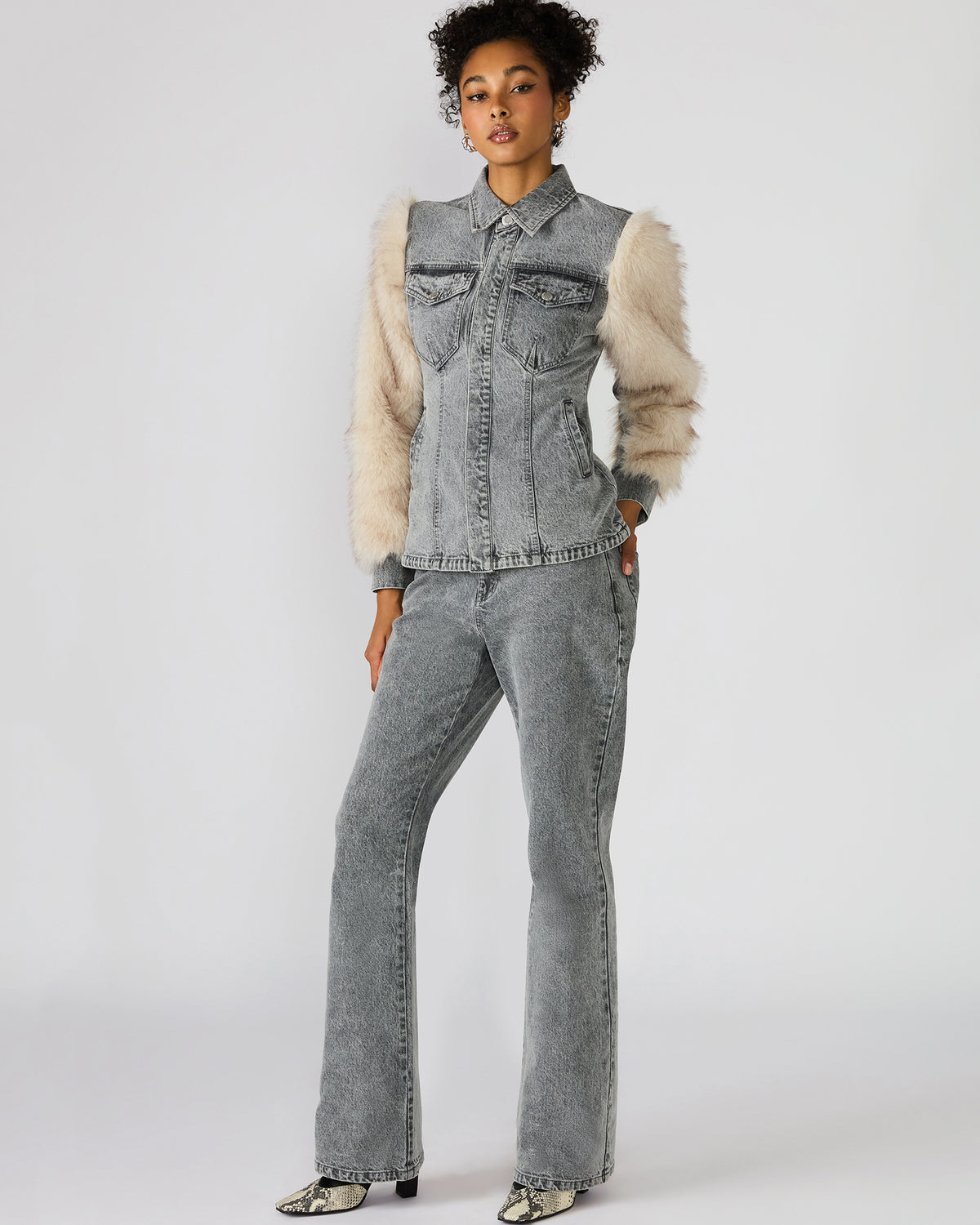 PARKER Fog Faux Fur Long-Sleeved Button-Up Denim Women's Jacket | Steve Madden Customer Favorite