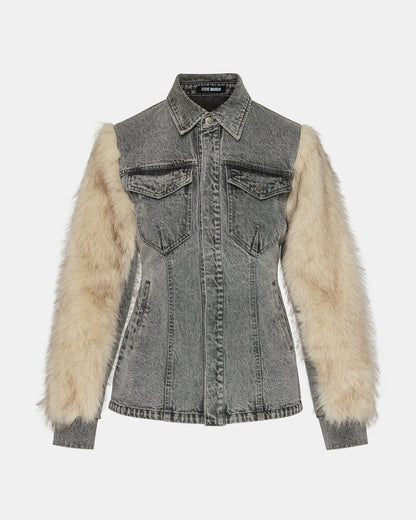 PARKER Fog Faux Fur Long-Sleeved Button-Up Denim Women's Jacket | Steve Madden Customer Favorite