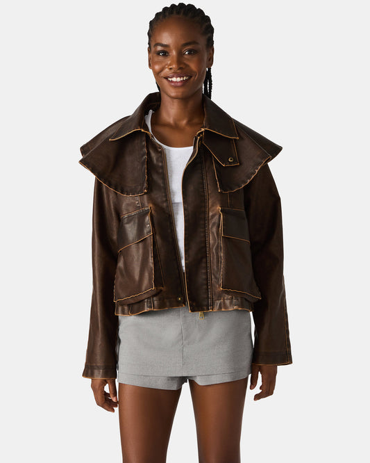 VARVARA Chocolate Long-Sleevd Faux Leather Women's Jacket | Steve Madden Value