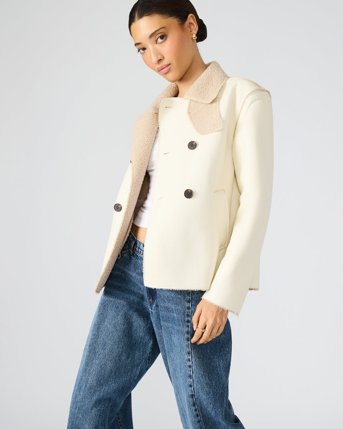 LIV Cream Button-Up Long-Sleeved Collared Women's Coat | Steve Madden Signature