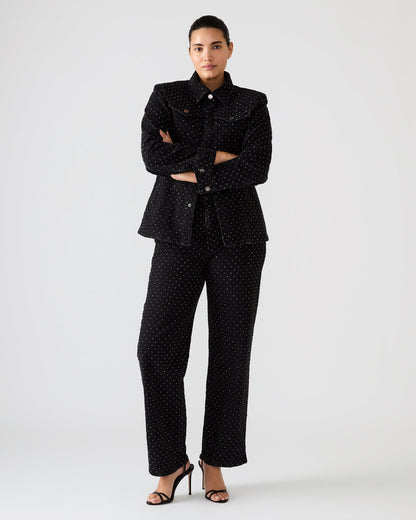 PARC Black Crystal Rhinestone Embellished Long-Sleeved Button-Up Denim Women's Jacket | Steve Madden Great Value