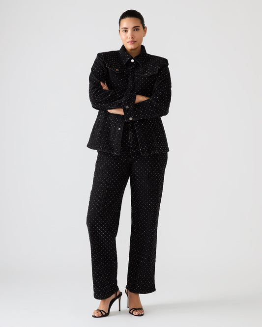 PARC Black Crystal Rhinestone Embellished Long-Sleeved Button-Up Denim Women's Jacket | Steve Madden Great Value