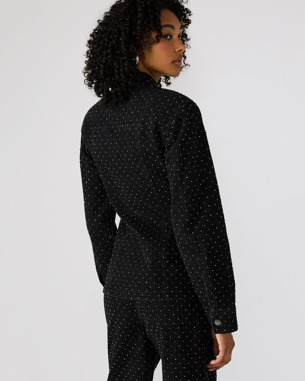 PARC Black Crystal Rhinestone Embellished Long-Sleeved Button-Up Denim Women's Jacket | Steve Madden Great Value