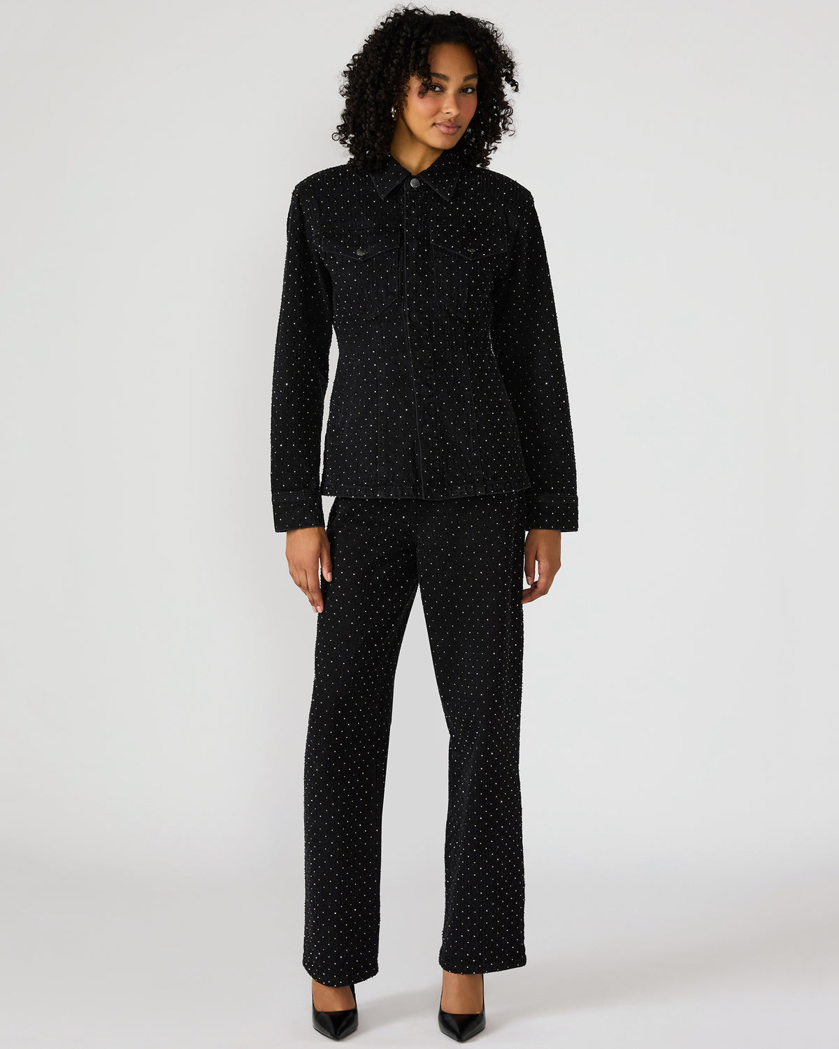 PARC Black Crystal Rhinestone Embellished Long-Sleeved Button-Up Denim Women's Jacket | Steve Madden Great Value