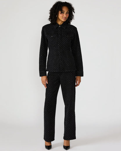 PARC Black Crystal Rhinestone Embellished Long-Sleeved Button-Up Denim Women's Jacket | Steve Madden Great Value