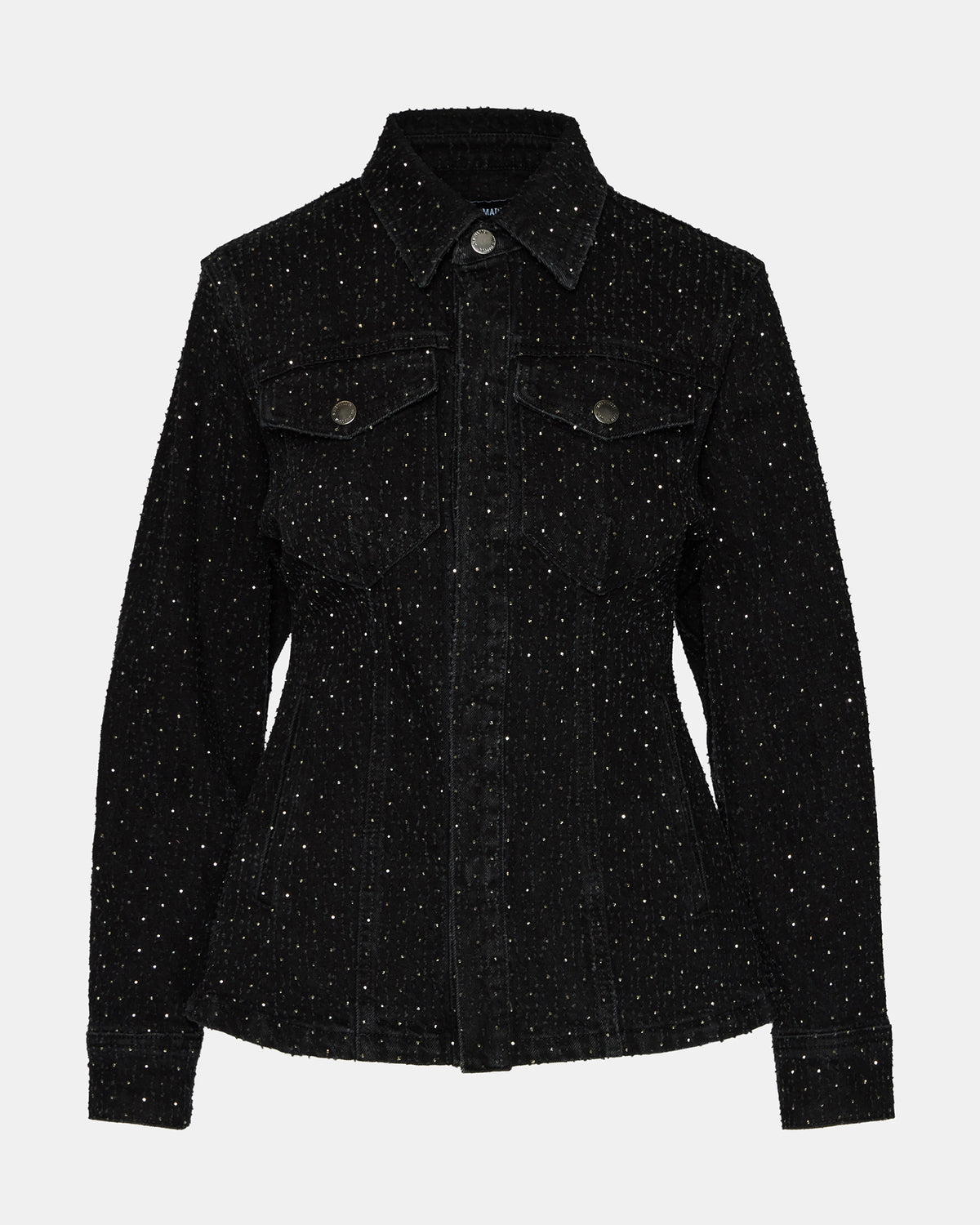 PARC Black Crystal Rhinestone Embellished Long-Sleeved Button-Up Denim Women's Jacket | Steve Madden Great Value