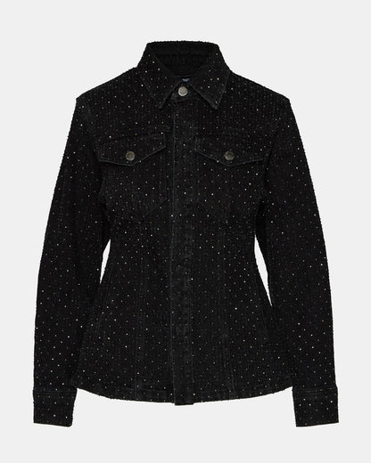 PARC Black Crystal Rhinestone Embellished Long-Sleeved Button-Up Denim Women's Jacket | Steve Madden Great Value