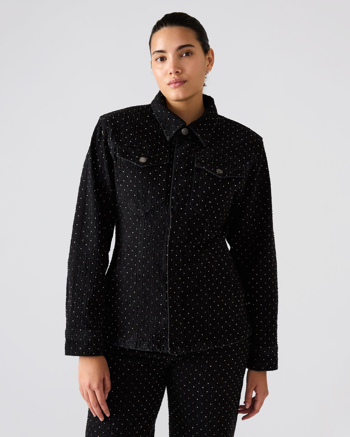 PARC Black Crystal Rhinestone Embellished Long-Sleeved Button-Up Denim Women's Jacket | Steve Madden Great Value