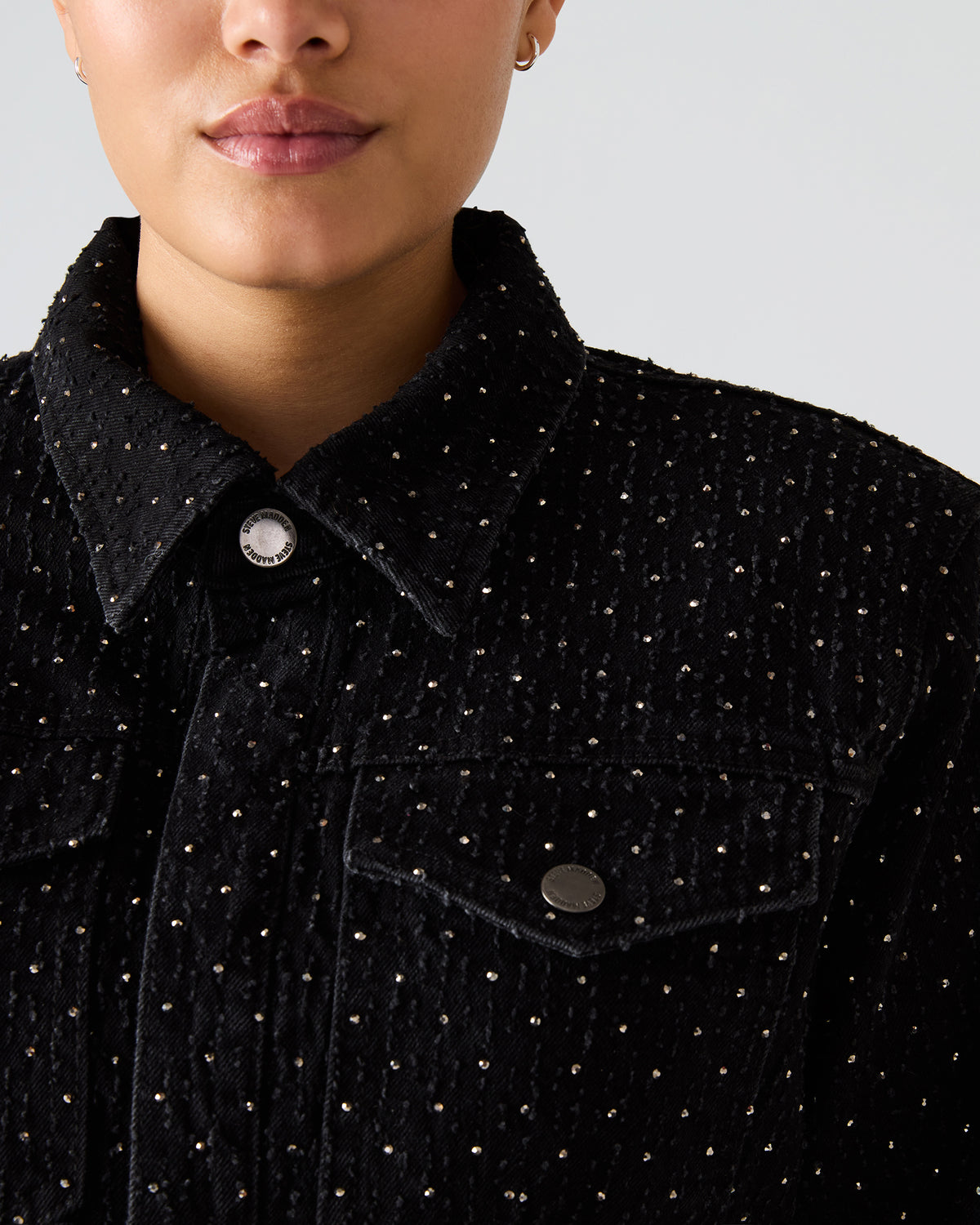 PARC Black Crystal Rhinestone Embellished Long-Sleeved Button-Up Denim Women's Jacket | Steve Madden Great Value
