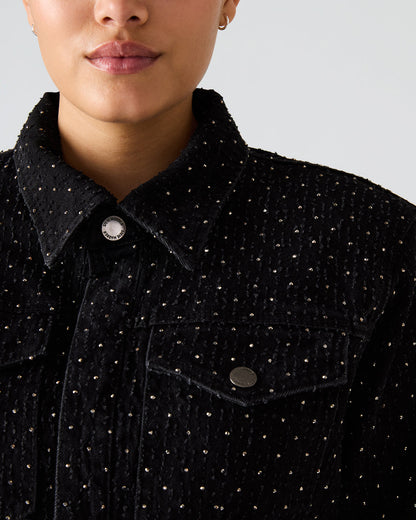 PARC Black Crystal Rhinestone Embellished Long-Sleeved Button-Up Denim Women's Jacket | Steve Madden Great Value