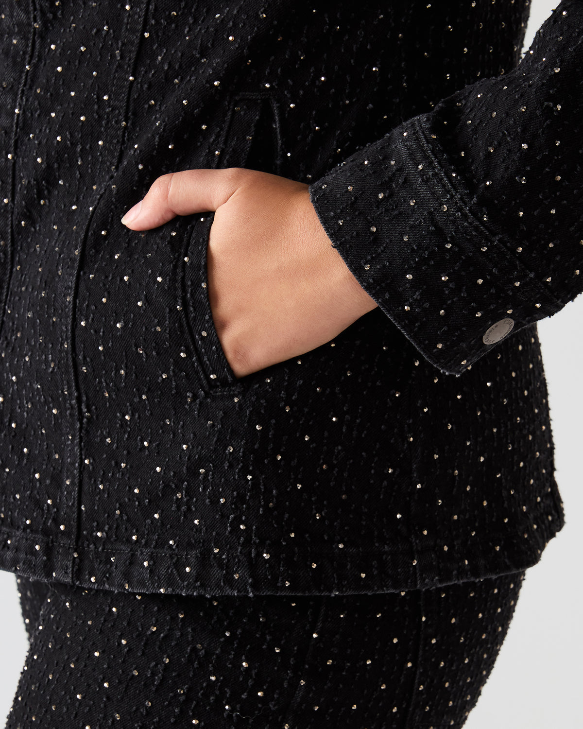 PARC Black Crystal Rhinestone Embellished Long-Sleeved Button-Up Denim Women's Jacket | Steve Madden Great Value