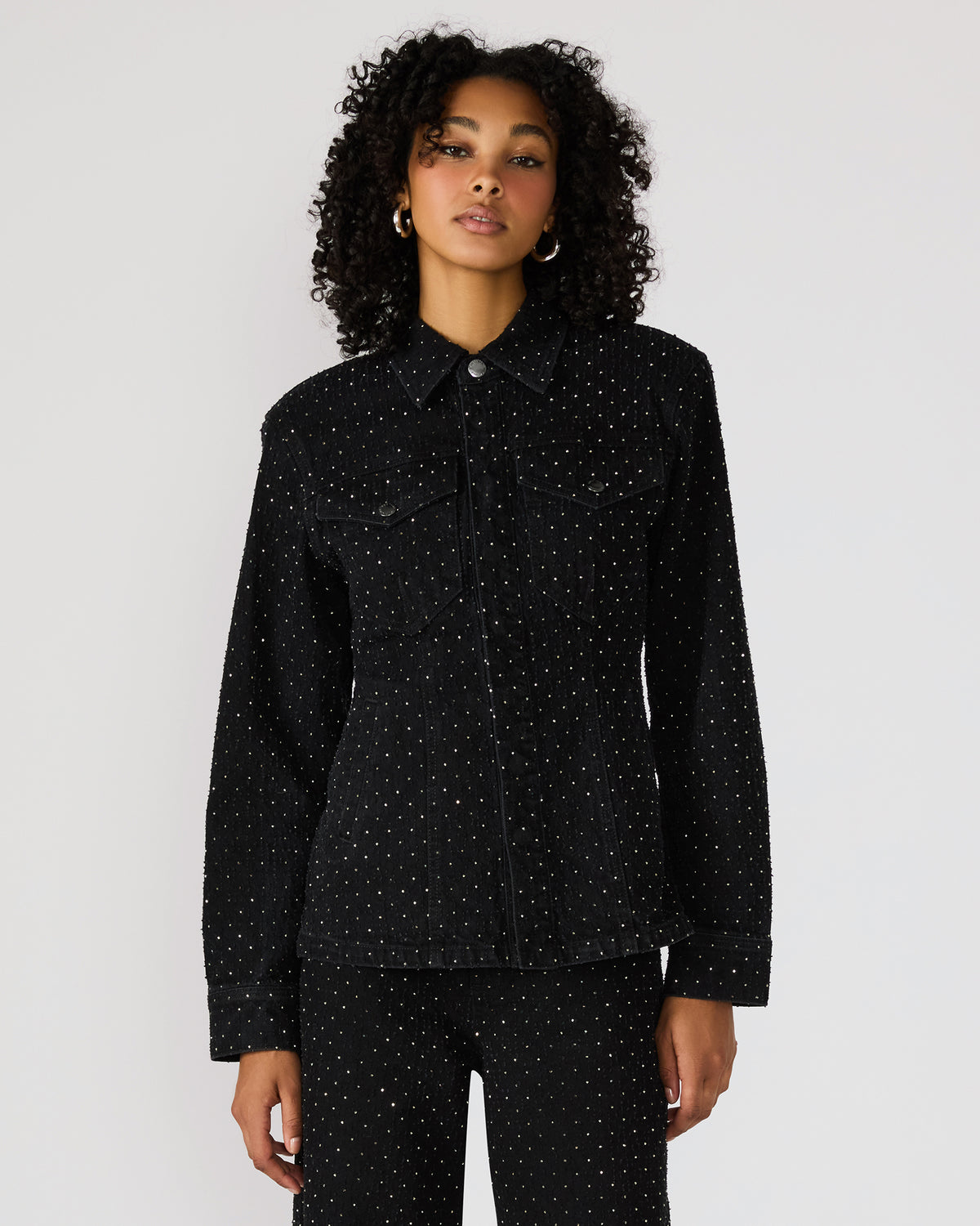 PARC Black Crystal Rhinestone Embellished Long-Sleeved Button-Up Denim Women's Jacket | Steve Madden Great Value
