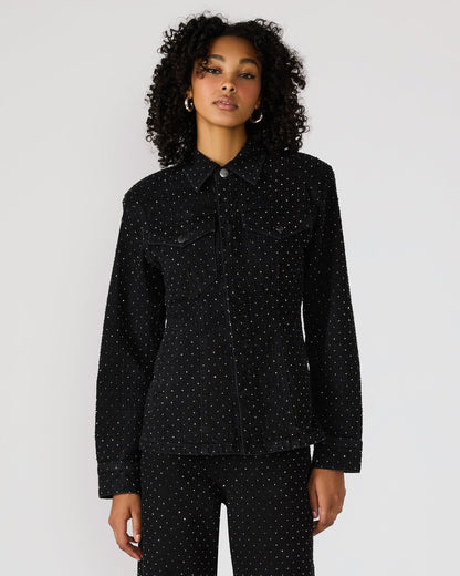 PARC Black Crystal Rhinestone Embellished Long-Sleeved Button-Up Denim Women's Jacket | Steve Madden Great Value