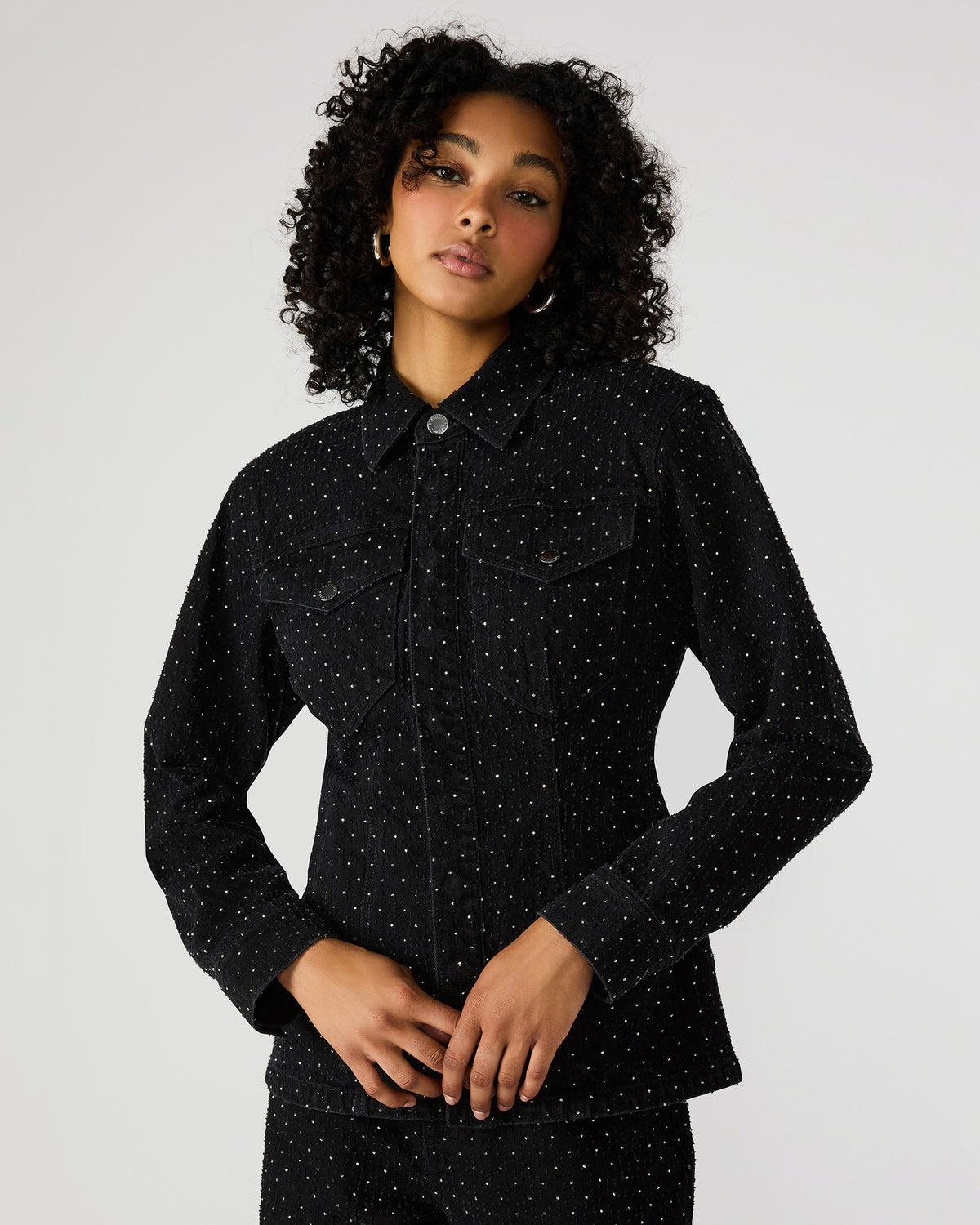 PARC Black Crystal Rhinestone Embellished Long-Sleeved Button-Up Denim Women's Jacket | Steve Madden Great Value