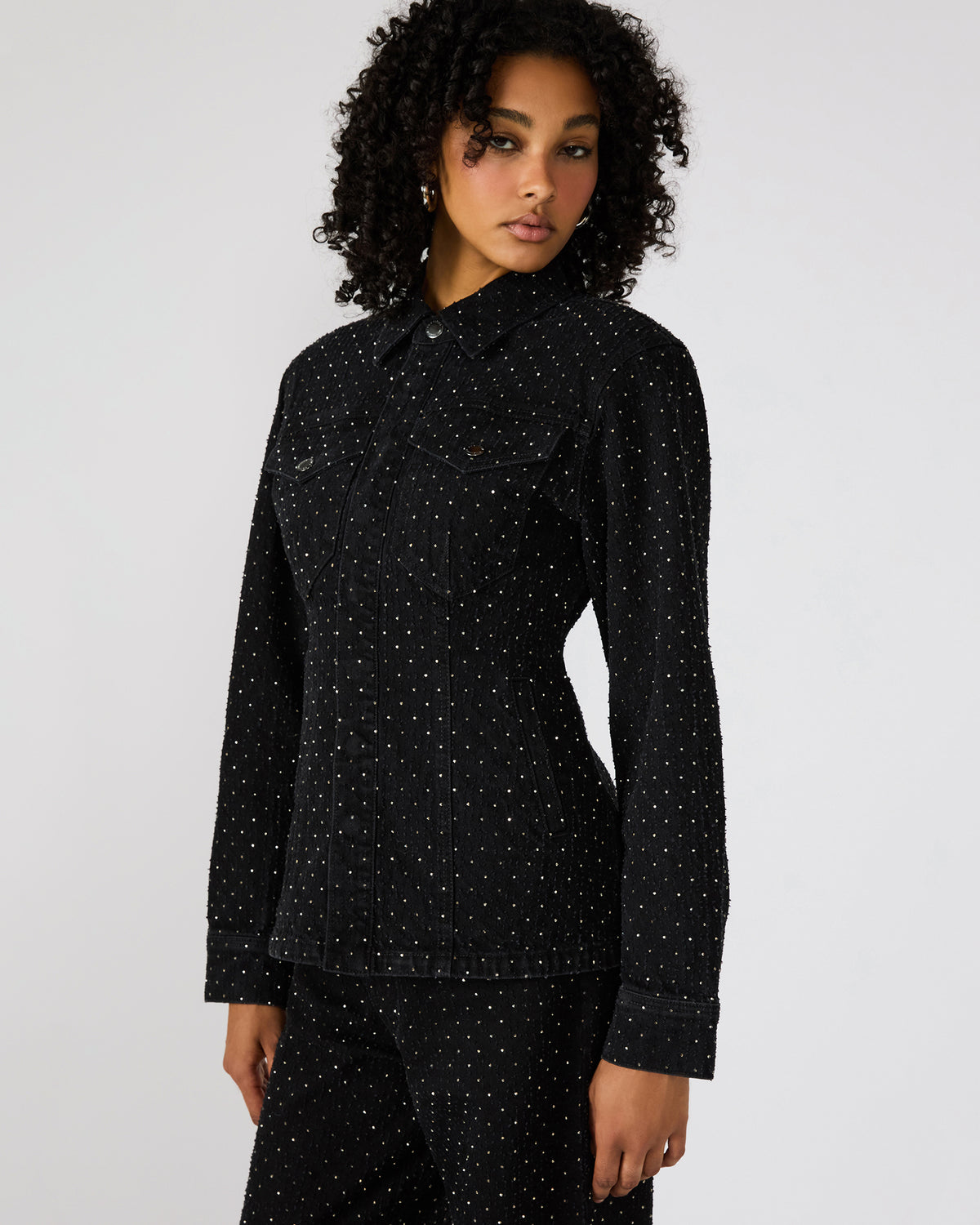 PARC Black Crystal Rhinestone Embellished Long-Sleeved Button-Up Denim Women's Jacket | Steve Madden Great Value