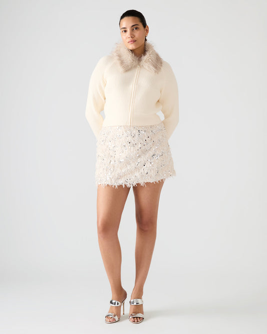LYSIA Cream Long-Sleeved Faux Fur Hood Zip-Up Ribbed Women's Sweater Jacket | Steve Madden Deals