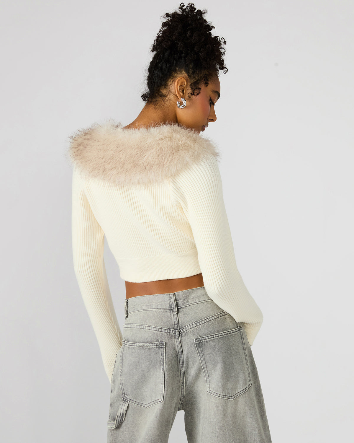 LYSIA Cream Long-Sleeved Faux Fur Hood Zip-Up Ribbed Women's Sweater Jacket | Steve Madden Deals
