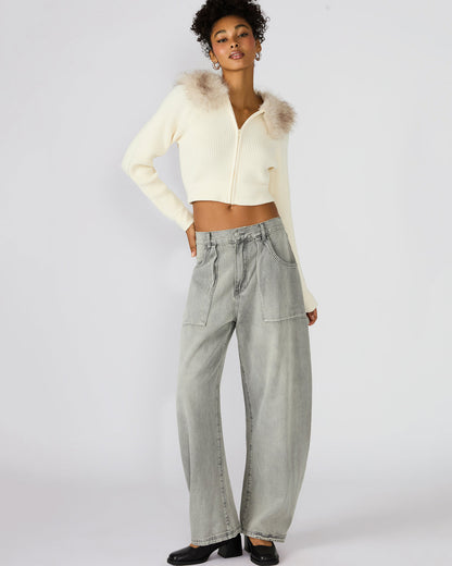 LYSIA Cream Long-Sleeved Faux Fur Hood Zip-Up Ribbed Women's Sweater Jacket | Steve Madden Deals